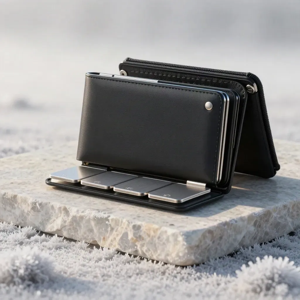 Matte-black Bitcoin starter kit wallet with backup plates and lockcase on pale stone in frosty winter light.