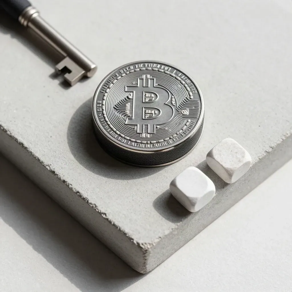 Overhead crypto flatlay with a Bitcoin puck, price token, and stone markers on pale concrete.