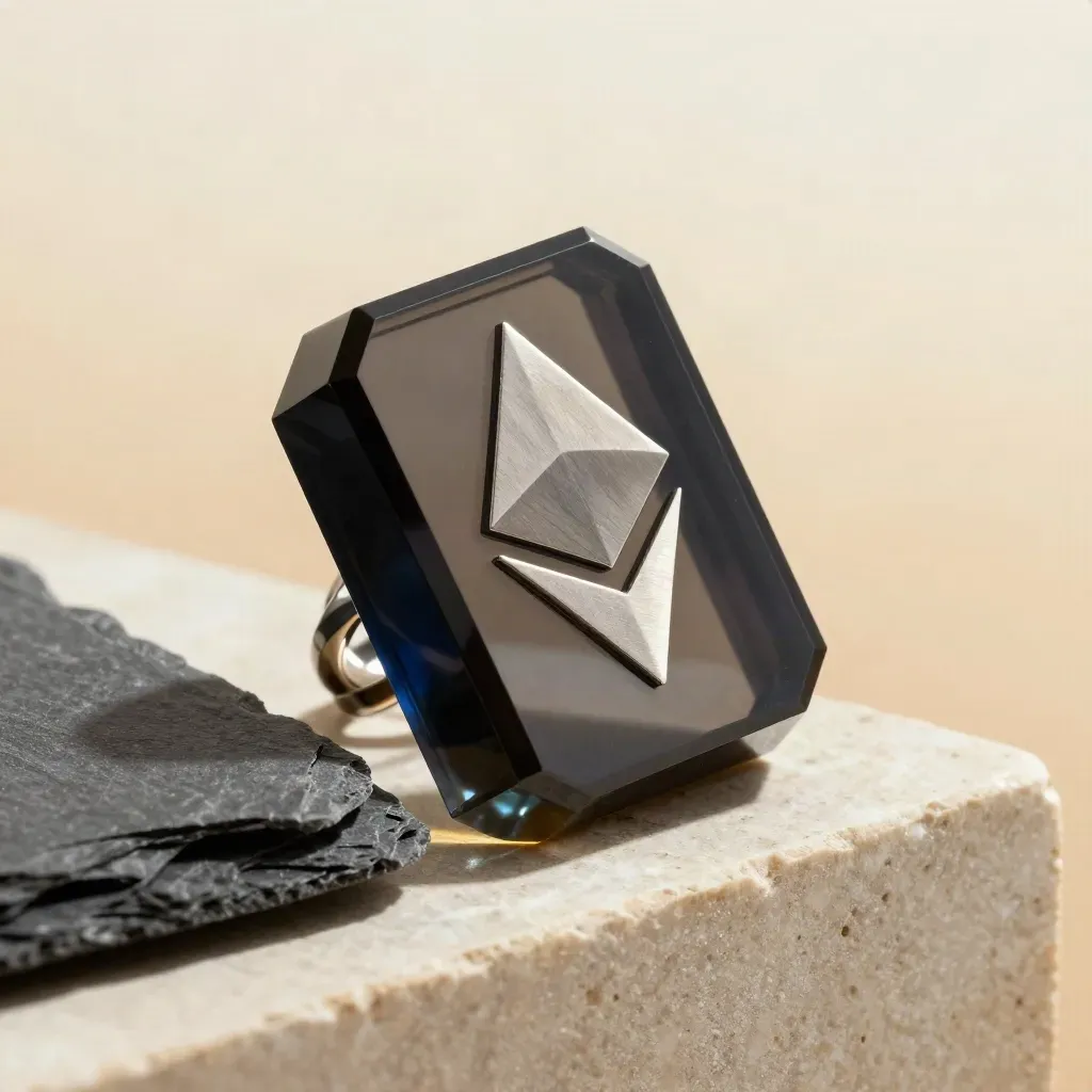 Macro of a smoked-glass Ethereum trade desk block with metal ring and slate sleeve on limestone.
