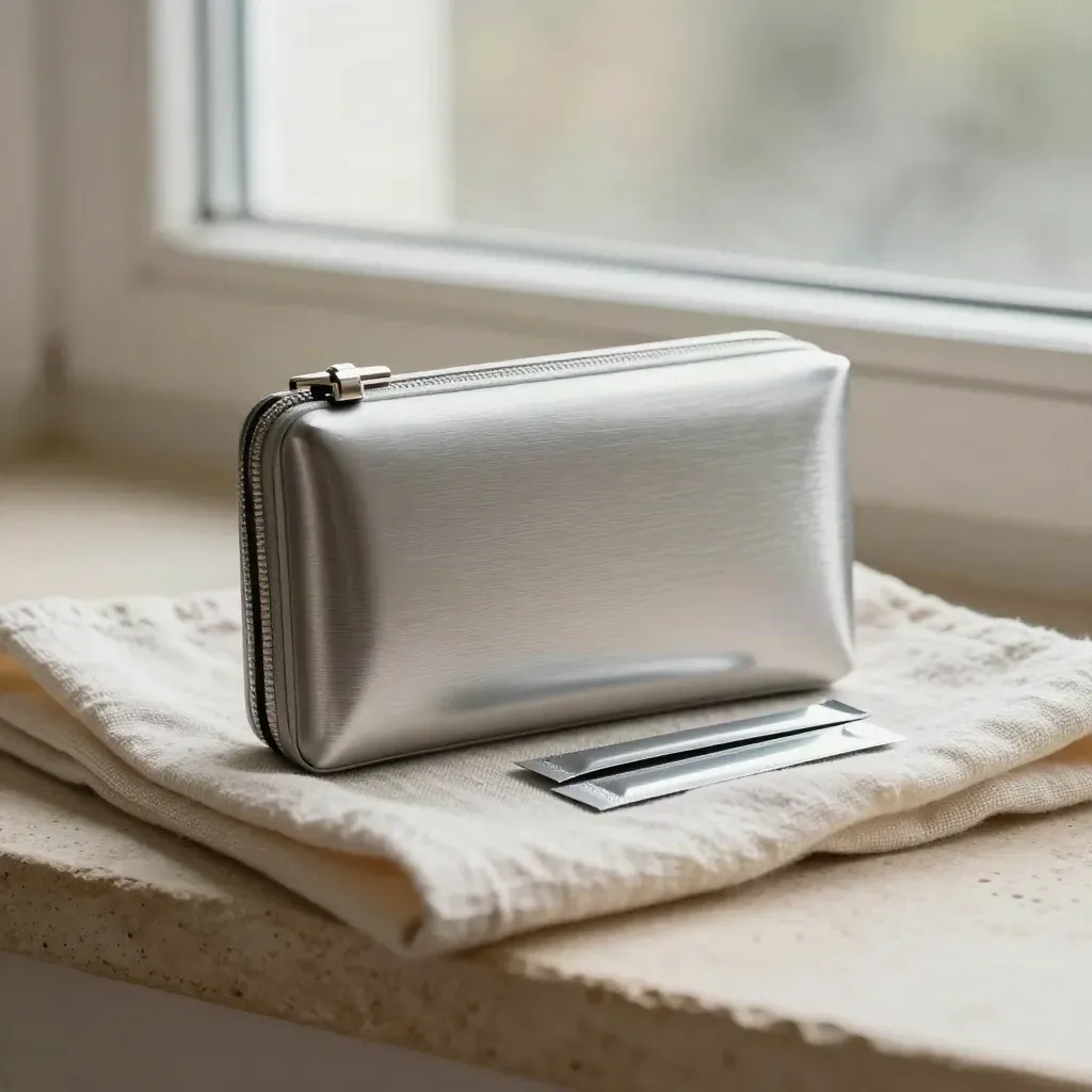 Wallet transfer pack with cable loop and silver backup strips on linen in soft window light.