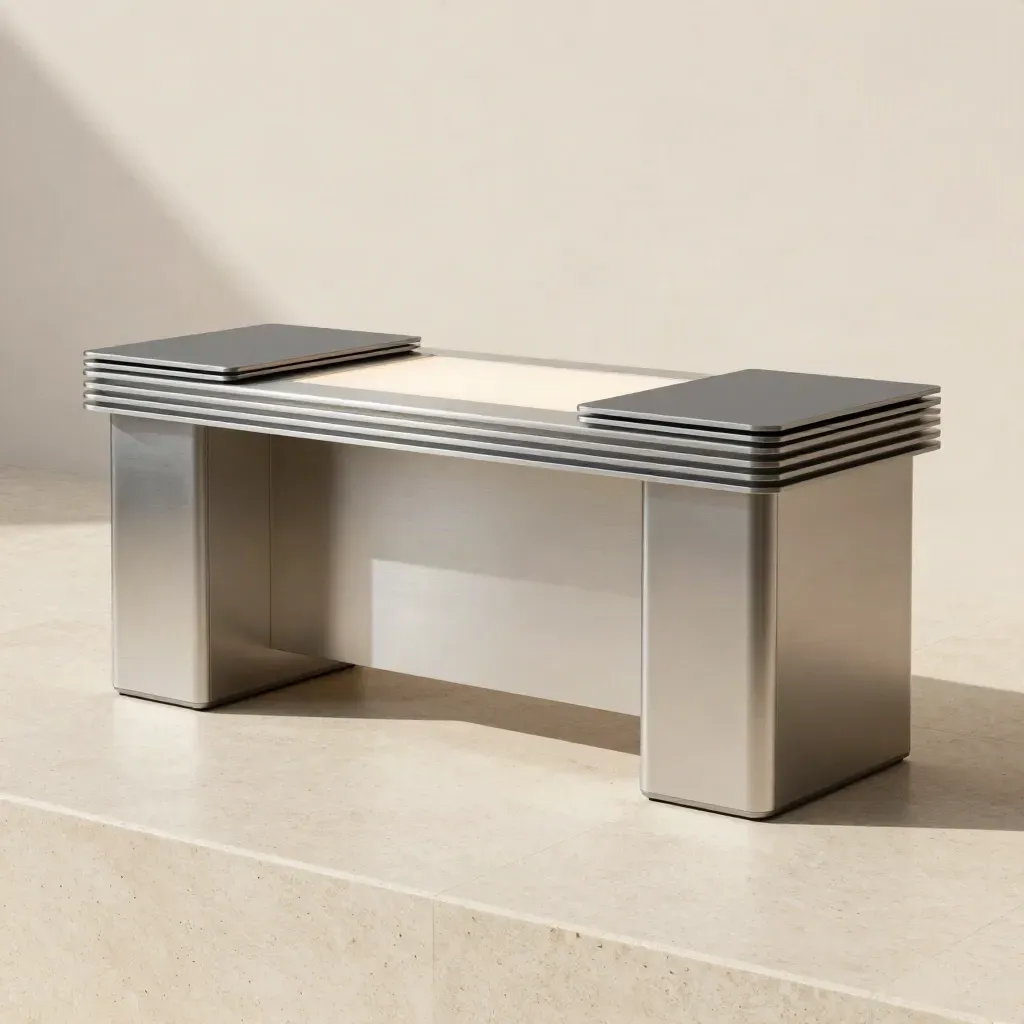 Glowing OTC crypto desk console with stacked metallic slabs on travertine, front-on hero shot.