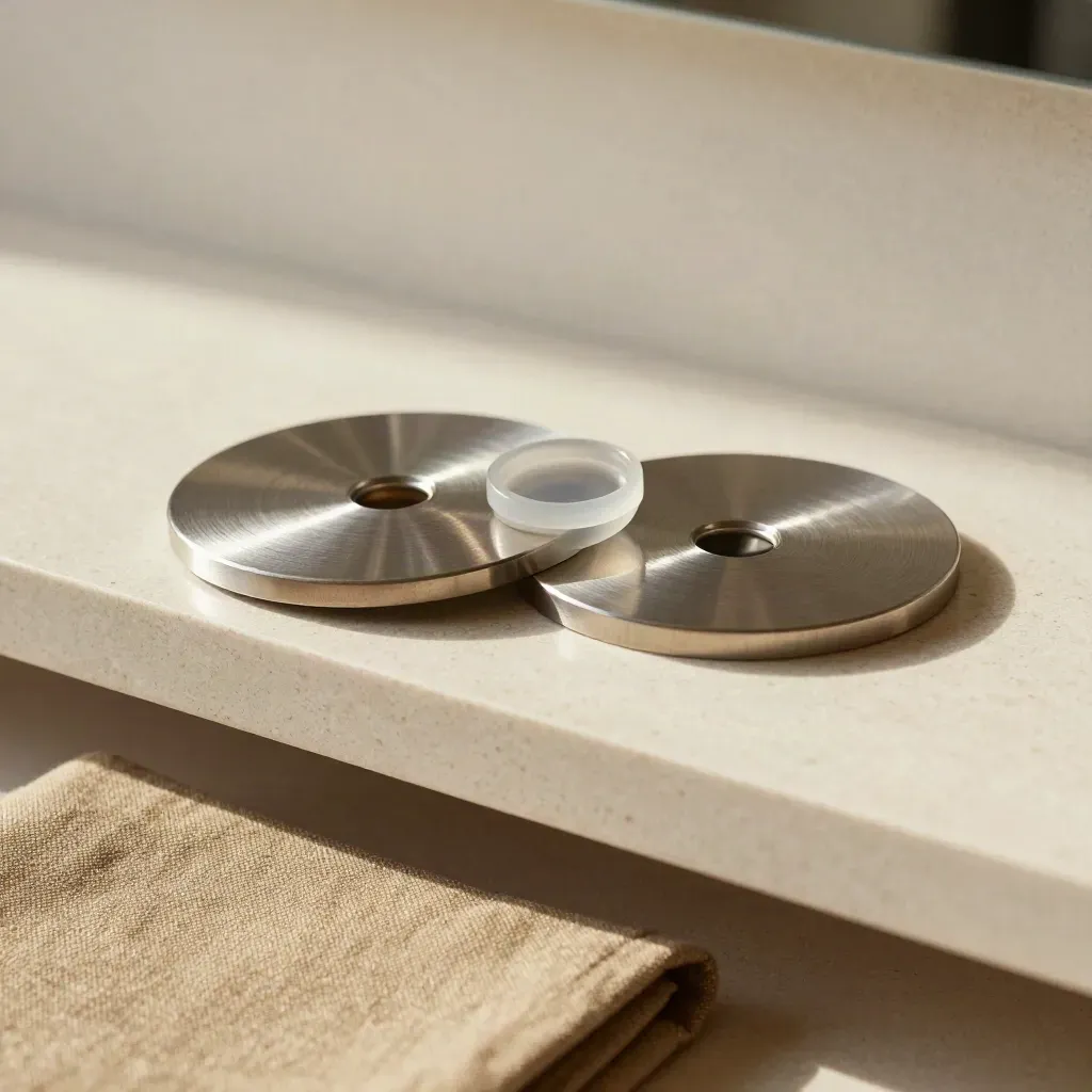 Silver USDC/CAD exchange discs on travertine with soft daylight.
