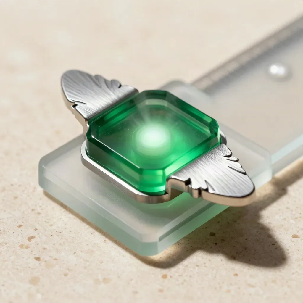 Extreme macro of a green OTC trading module with silver fins and stacked frosted slabs.