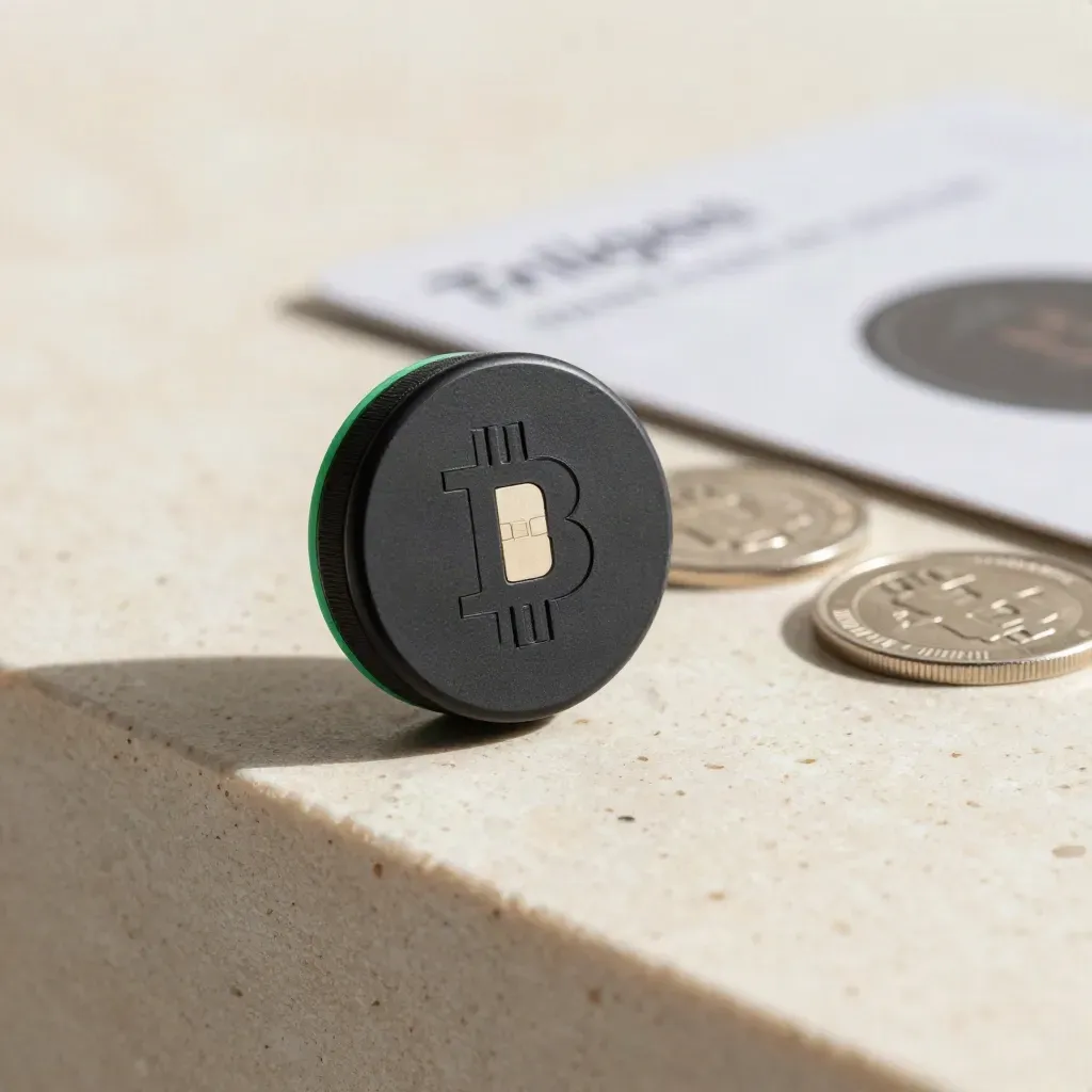 Matte-black Bitcoin puck, CAD chip, and brushed coins on travertine with soft green accent