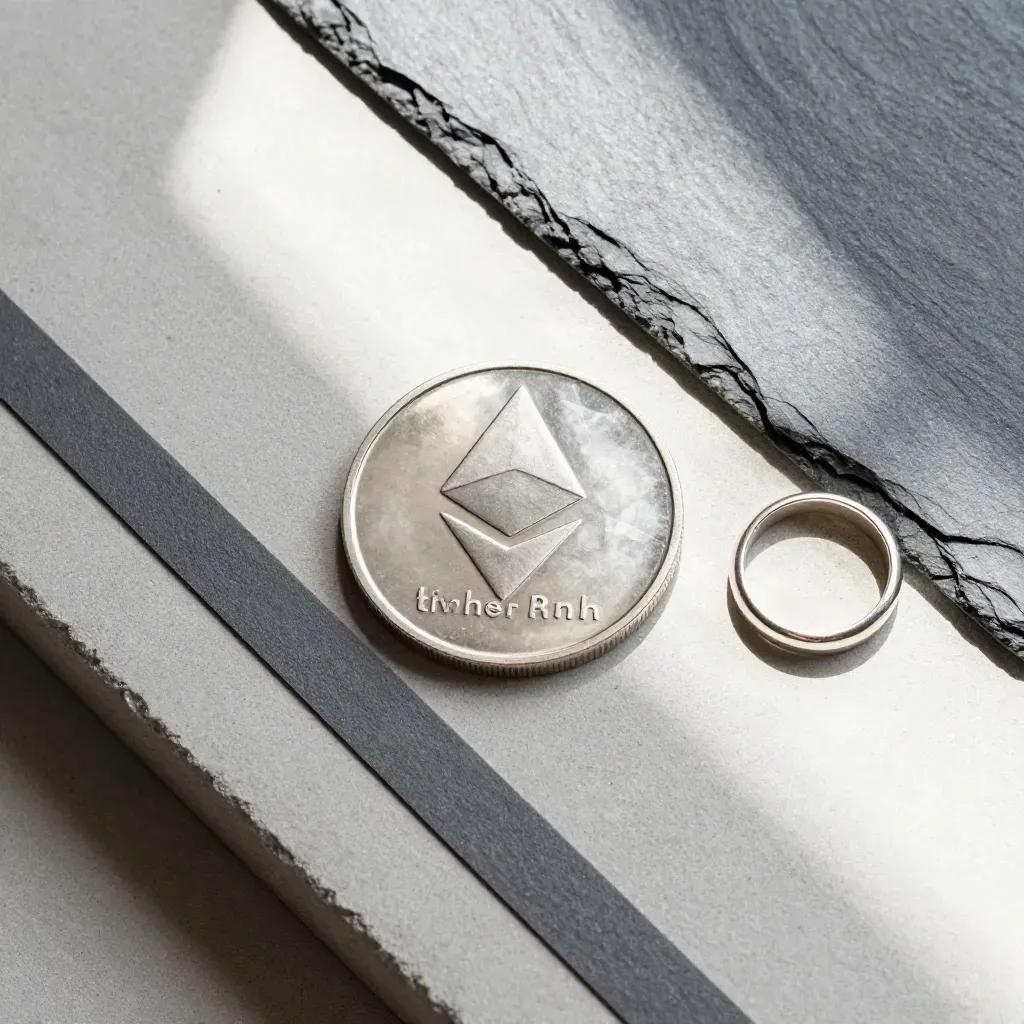 Overhead flatlay of an Ethereum coin tile, graphite strip and silver ring on pale concrete.