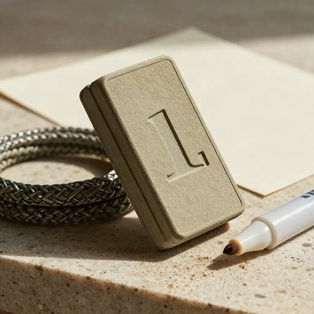 Macro of a Litecoin swap pack block, braided cable loop and ceramic marker on travertine