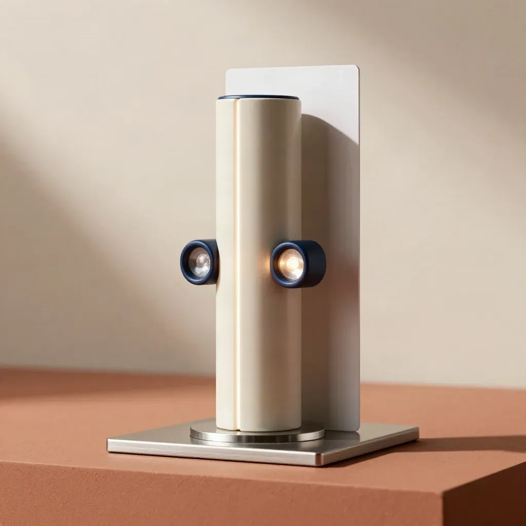 Crypto alert pack tower with glowing seams and two beacon modules on a terracotta plinth.
