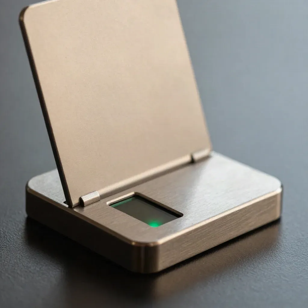 Extreme macro of a merchant QR kit stand with brushed metal base and folded sleeve.