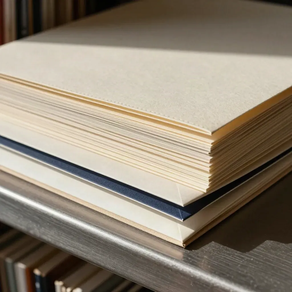 Open tax export folio with tabs and archive envelope on a records shelf.