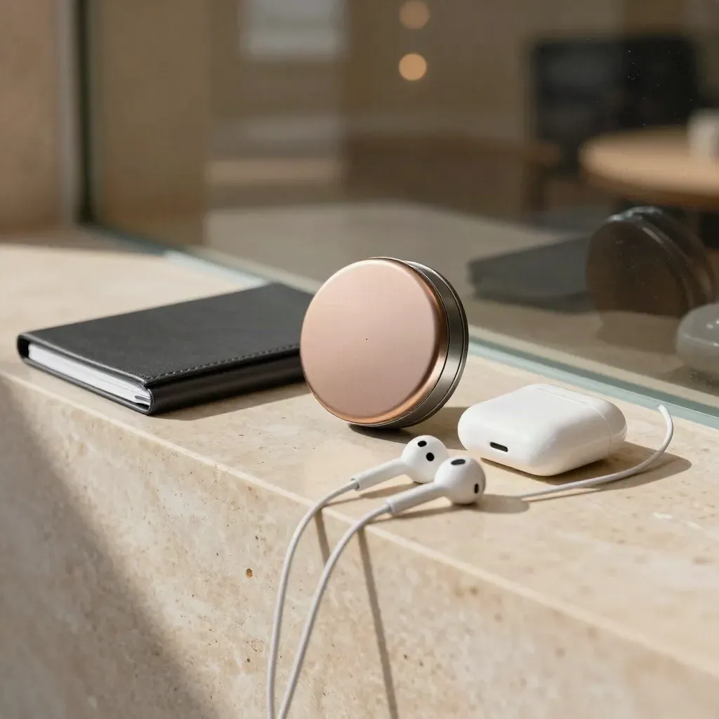 OTC trade call puck with earbud cases on a limestone ledge in soft daylight