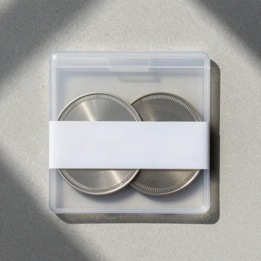 Overhead flatlay of a sealed USDC transfer pack case, two stacked discs, and a frosted band.