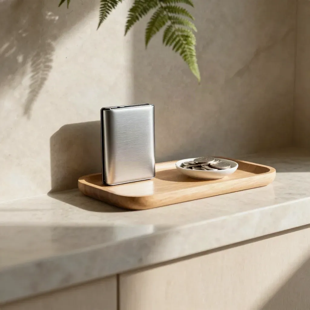 Sunlit marble niche with silver crypto wallet objects, oak ledge, and blurred fern, with calm copy space.