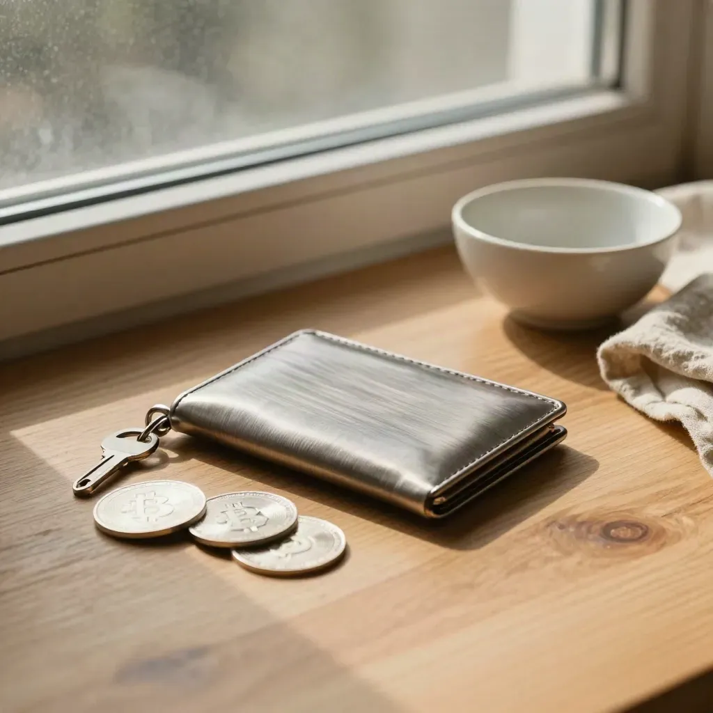 Cedar tabletop with crypto wallet, silver tokens, and a frosted window glow